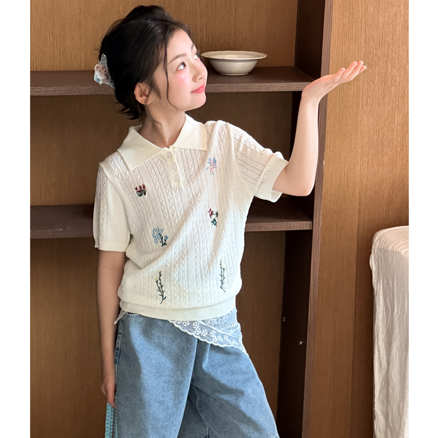 女童冰丝短袖T恤夏装2026新款森系女孩夏季POLO衫上衣儿童五分袖