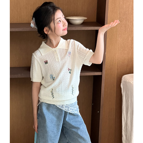 女童冰丝短袖T恤夏装2026新款森系女孩夏季POLO衫上衣儿童五分袖