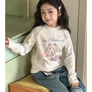 女童德绒打底衫2026秋冬新款女大童上衣儿童可爱猫咪印花保暖内搭