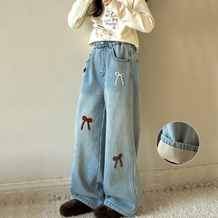女童加绒牛仔裤2026冬季新款女大童裤子儿童一体绒加厚阔腿直筒裤