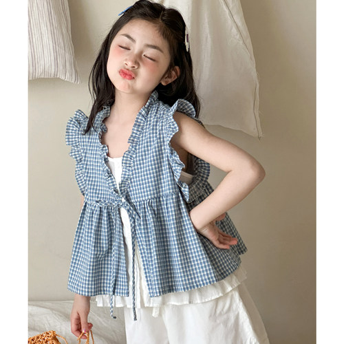 女童无袖衬衫夏装2026超火女大童夏季格子开衫上衣儿童小飞袖衬衣