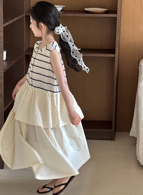 女童无袖连衣裙夏装2026新款儿童夏季条纹拼接公主裙女大童装裙子