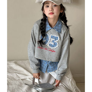 女童套装春装2026新款初中生格子衬衫上衣超好看女大童装短款卫衣