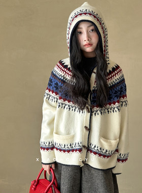 女童费尔岛连帽针织外套秋装韩国童装洋气时髦女大童秋季开衫毛衣