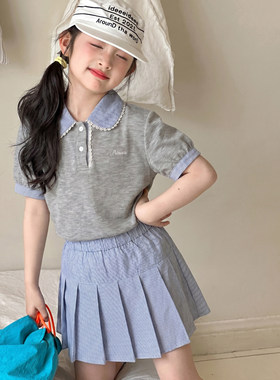女童学院风套装夏装2026新款韩国童装初中生巨好看翻领上衣两件套