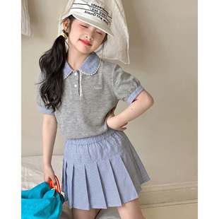 女童学院风套装夏装2026新款韩国童装初中生巨好看翻领上衣两件套