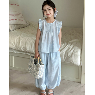 女童夏装套装棉麻无袖上衣洋气时髦高级感衣服女大童防蚊裤两件套