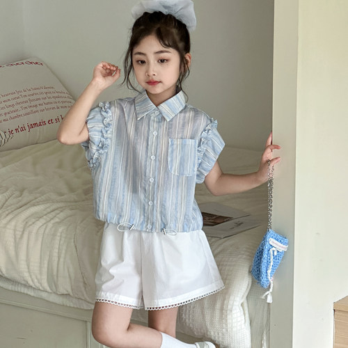女童衬衫中大童夏季薄款条纹上衣