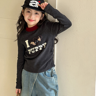 T恤韩版 女大童长袖 儿童休闲百搭上衣 2025秋冬新款 女童德绒打底衫