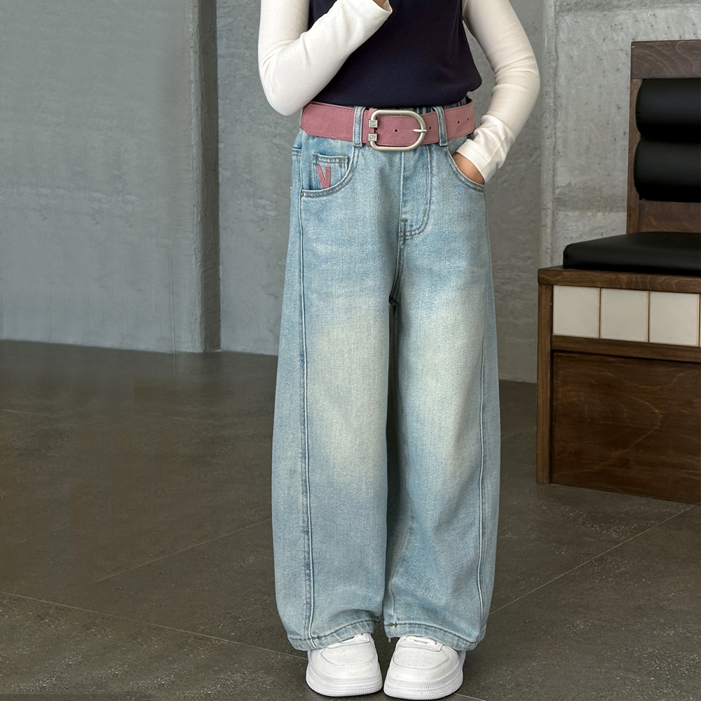 女童牛仔裤2025新款儿童春秋裤子高腰宽松显瘦大童休闲直筒阔腿裤