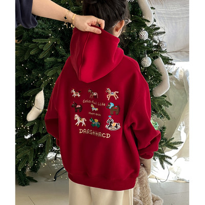 女童加绒卫衣2025冬季新款儿童连帽上衣初中生拜年服红色新年衣服