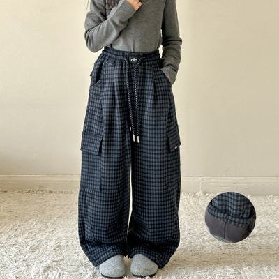 女童加绒裤子秋冬款2025新款儿童一体绒格子裤女大童休闲直筒卫裤