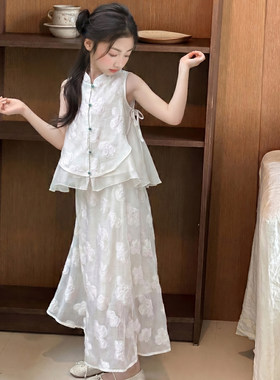 女童夏季新中式套装2026新款大童夏装薄款汉服背心上衣裤子两件套