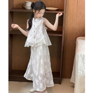 女童夏季新中式套装2026新款大童夏装薄款汉服背心上衣裤子两件套