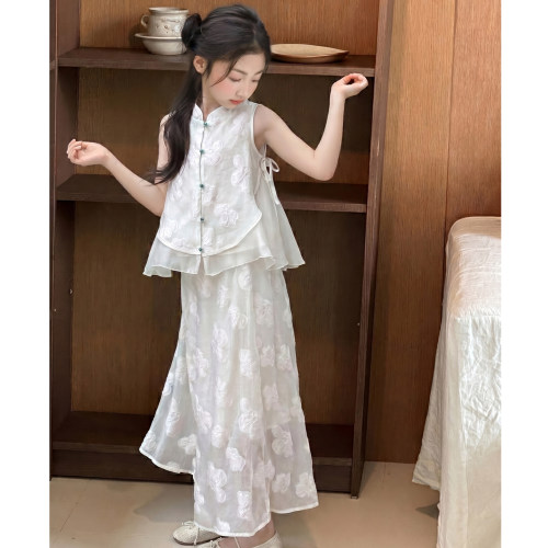女童夏季新中式套装2026新款大童夏装薄款汉服背心上衣裤子两件套