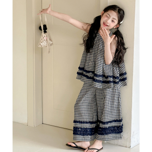 女童套装夏装韩国童装女大童夏季格子吊带衫洋气儿童巨好看两件套