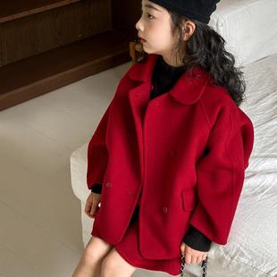 女童套装2026新款儿童双面呢大衣女大童全羊毛新年红色外套拜年服