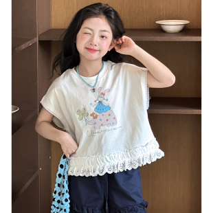 女童花边短袖T恤夏装2026新款超火女大童夏季独特超好看卡通上衣