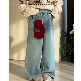 女童加绒牛仔裤2026冬季新款女大童裤子儿童装阔腿裤一体绒直筒裤