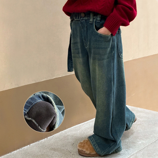 女童裤子秋冬款儿童加绒牛仔裤冬装韩版女大童柔软宽松洋气直筒裤