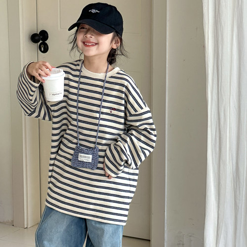 女童长袖T恤春夏款2026新款儿童衣服洋气条纹打底衫大童春装上衣
