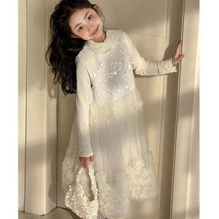 女童新年套装2026春装新款洋气女孩打底衫女大童花朵公主裙两件套