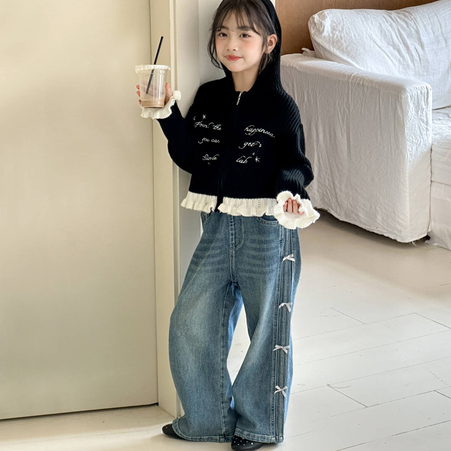 女童毛衣2025秋季新款儿童秋装初中生针织开衫女大童上衣连帽外套