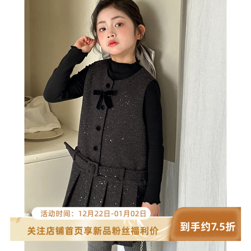 女童新年套装2026冬季新款儿童背心裙打底上衣女大童拜年服两件套
