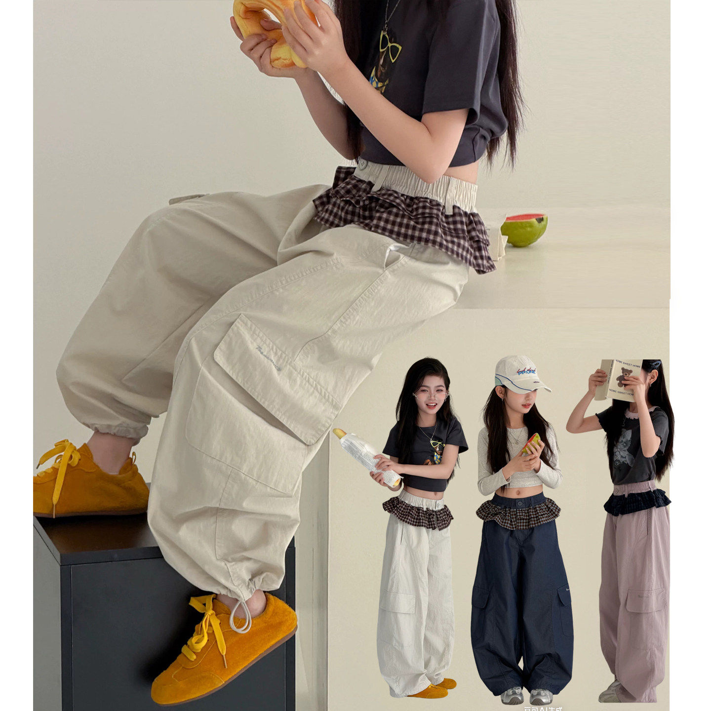 女童裤子春装2026新款女大童春季花边工装裤青少年女孩宽松休闲裤