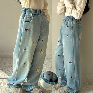 女童加绒牛仔裤加厚秋冬款儿童休闲直筒裤冬季2026新款女大童裤子