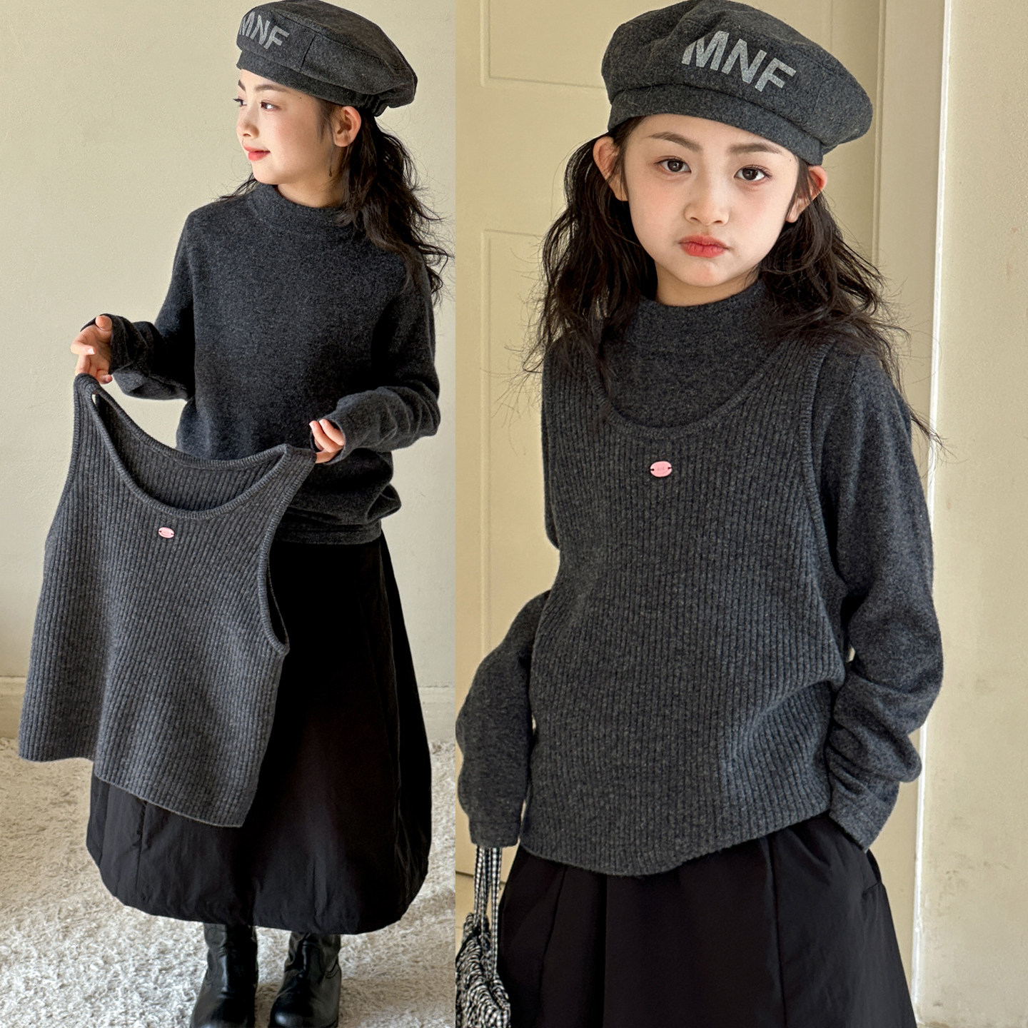 女童毛衣秋冬装2026新款儿童韩系保暖上衣女大童针织打底衫两件套