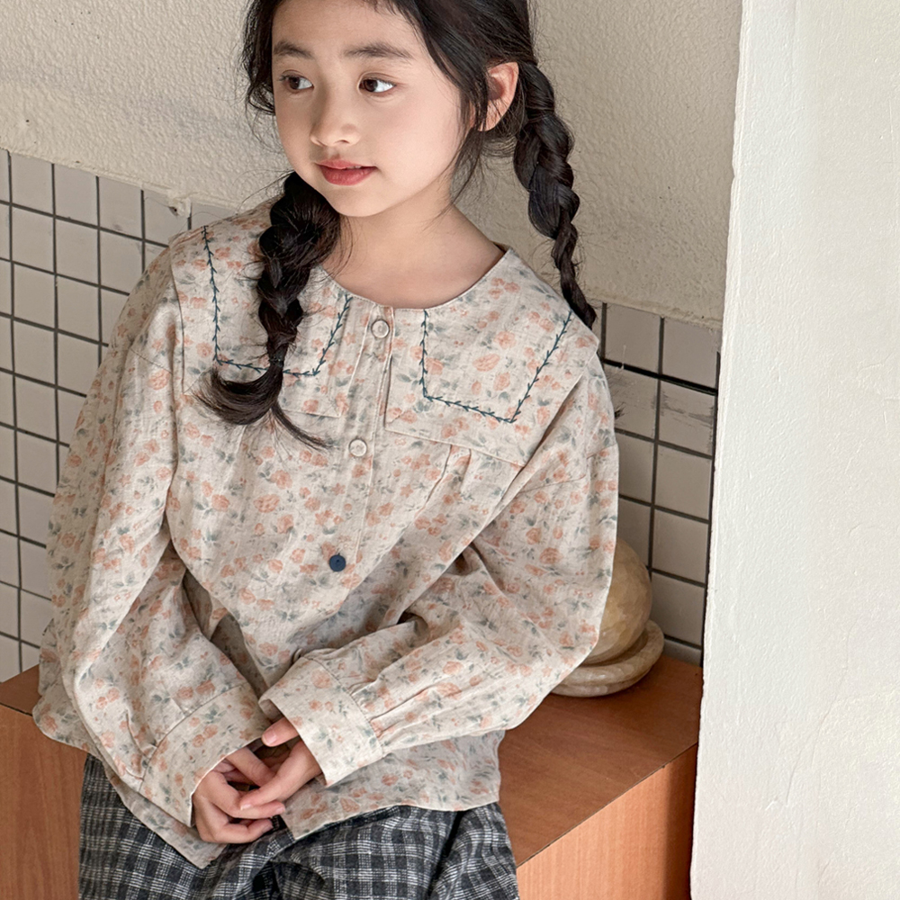 女童碎花长袖衬衫2025秋装新款儿童装棉麻休闲中大童翻领圆领上衣
