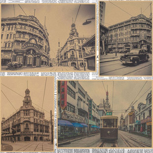 民国时期老上海建筑街景复古牛皮纸海报酒吧咖啡厅装饰墙壁画352