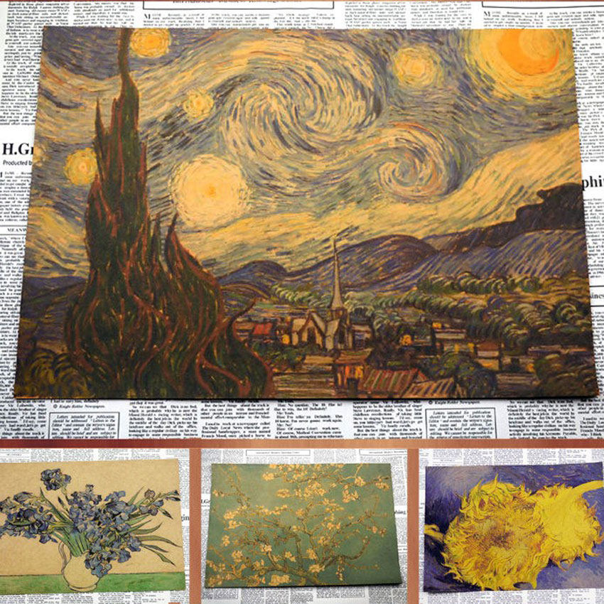 梵高莫奈油画作品星空向日葵客厅酒吧装饰墙画牛皮纸海报
