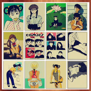 个性少女漫画江口寿史插画复古牛皮纸怀旧装饰画宿舍墙画壁画