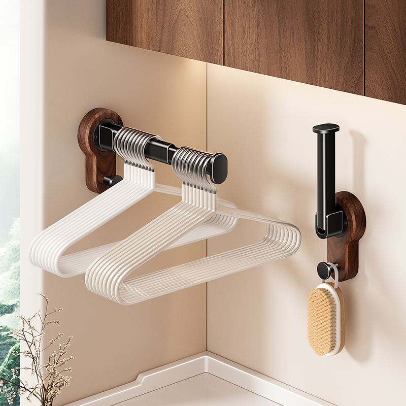 胡桃木免打孔无痕衣架收纳架家用防滑晾衣架整理神器可折叠挂衣架