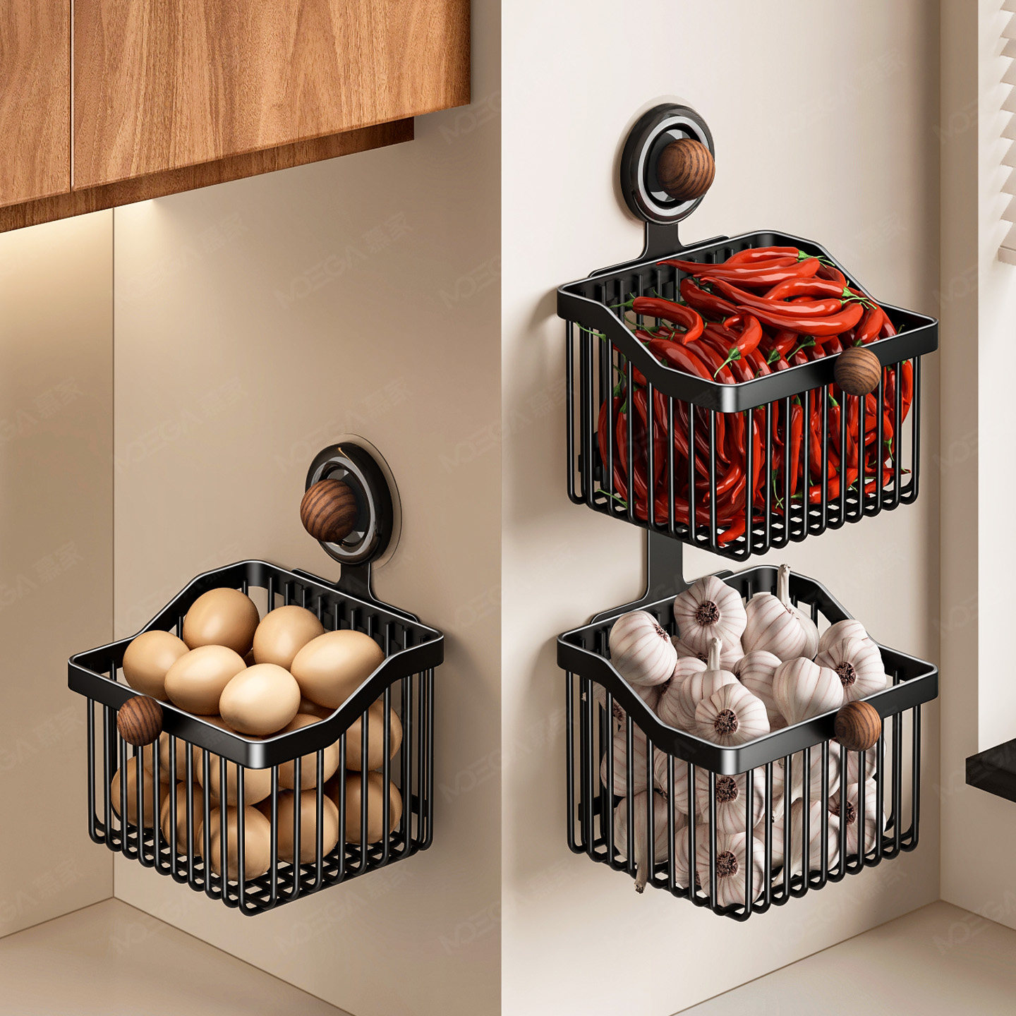 胡桃木厨房壁挂式葱姜蒜收纳盒多功能置物架吸盘收纳架家用储物篮,厨房/烹饪用具,厨房置物架/置物柜/角架,淘宝优惠券,粉丝福利购,淘宝优惠卷
