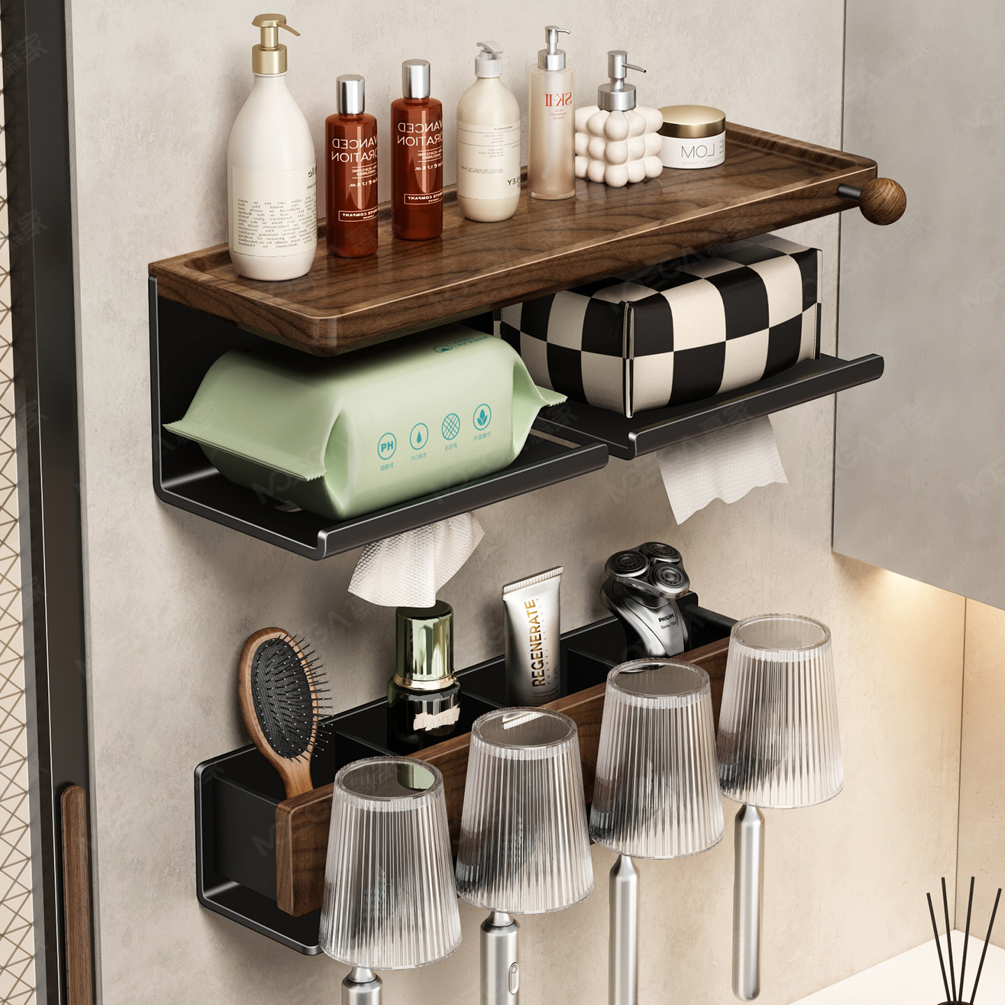 胡桃木牙刷架置物架实木浴室卫生间纸巾盒中古风洗手洗漱台免打孔,家装主材,卫浴置物架,淘宝优惠券,粉丝福利购,淘宝优惠卷