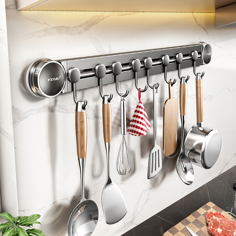 吸盘厨房挂钩厨房置物架免打孔挂杆锅铲勺子一排挂架壁挂式收纳架