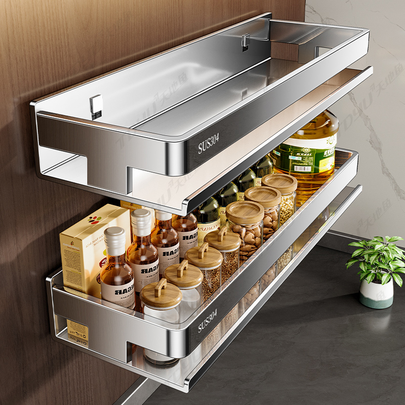 厨房置物架调味料罐收纳架家用墙上免打孔304不锈钢壁挂式调料架