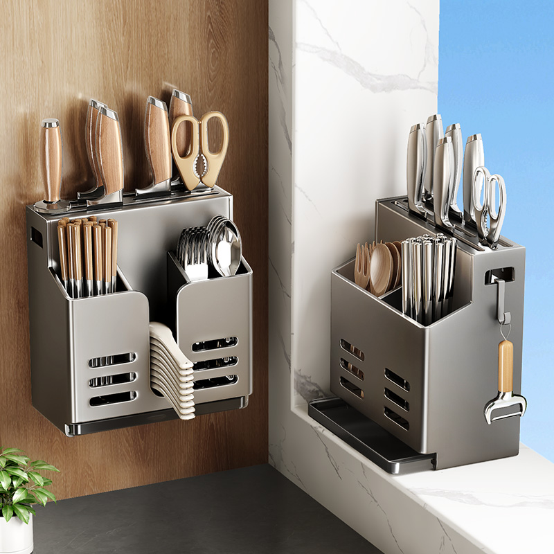 不锈钢刀架厨房置物架放菜刀筷子筒多功能台面壁挂刀具一体收纳架