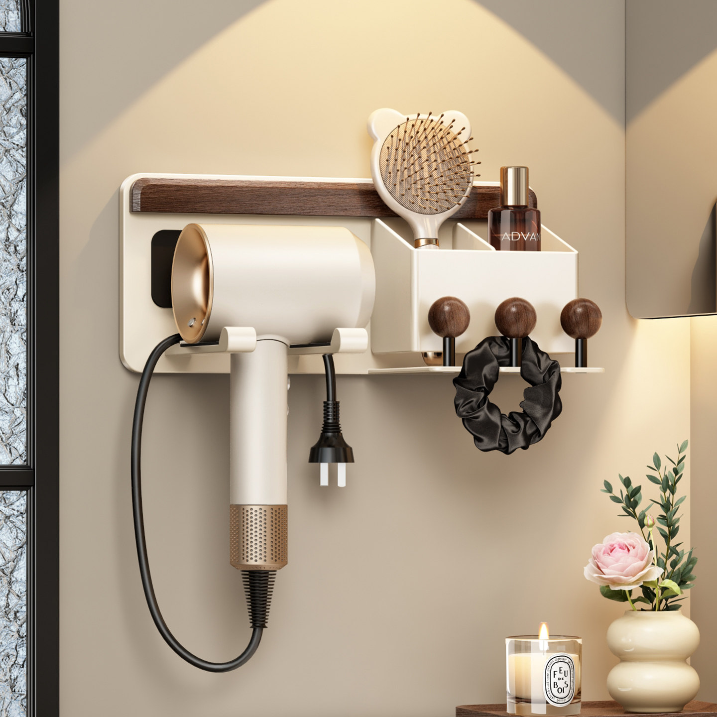 慕家胡桃木奶白吹风机置物架免打孔壁挂电吹风挂架浴室洗漱收纳架,家庭/个人清洁工具,吹风机置物架,淘宝优惠券,粉丝福利购,淘宝优惠卷