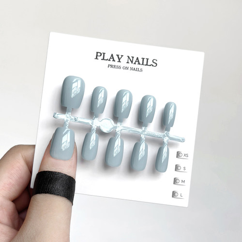 穿戴甲 三分钟美甲 高级纯色蓝灰全贴片 轻奢温柔显白超短梯美甲