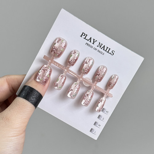 爆款穿戴甲 夏天超短梯小短甲猫眼 温柔裸色淡粉美甲鎏金小花朵