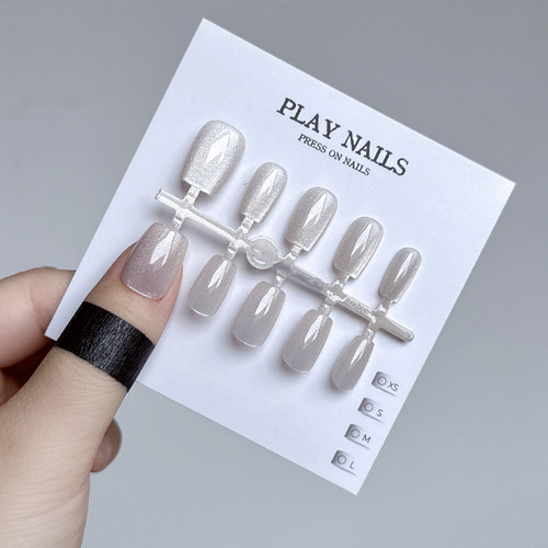 穿戴甲超短梯美甲光疗甲 白色珍珠感显白猫眼豆豆甲 喷胶 XS码