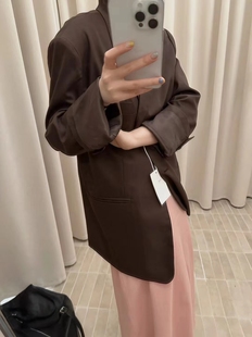 韩国代购 气质通勤小女人优雅棕色天丝麻材质廓形西装 外套