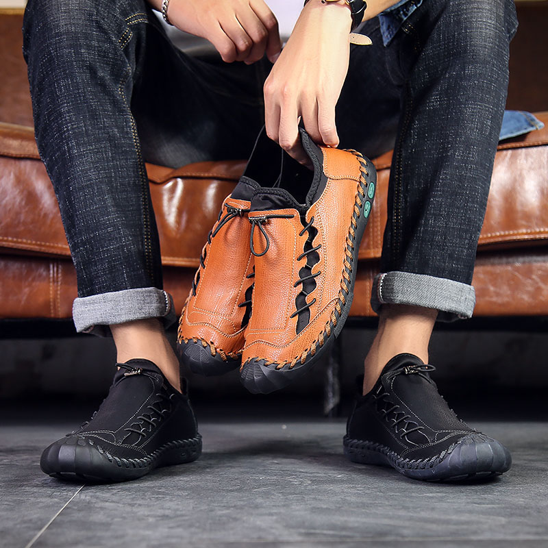 新款跨境大码皮鞋套脚懒人鞋休闲鞋青年乐福鞋舒适透气缝制豆豆鞋