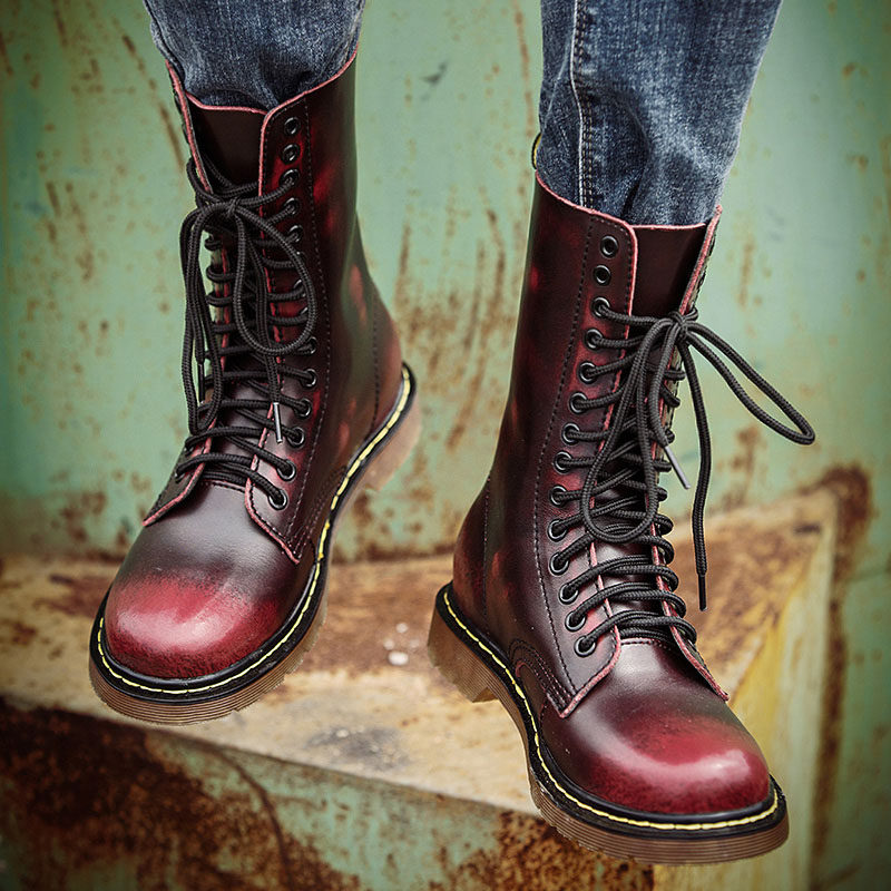 秋冬棉鞋皮靴男士14孔马丁靴高帮男鞋真皮加绒长筒靴冬季雪地靴子