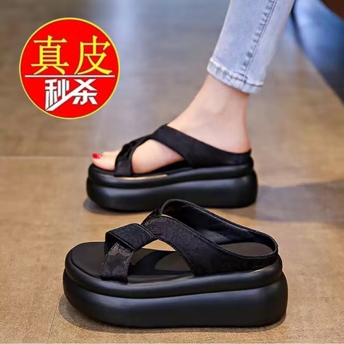 断码清仓品牌鞋真皮凉拖鞋女夏季外穿松糕鞋厚底时尚百搭沙滩凉鞋
