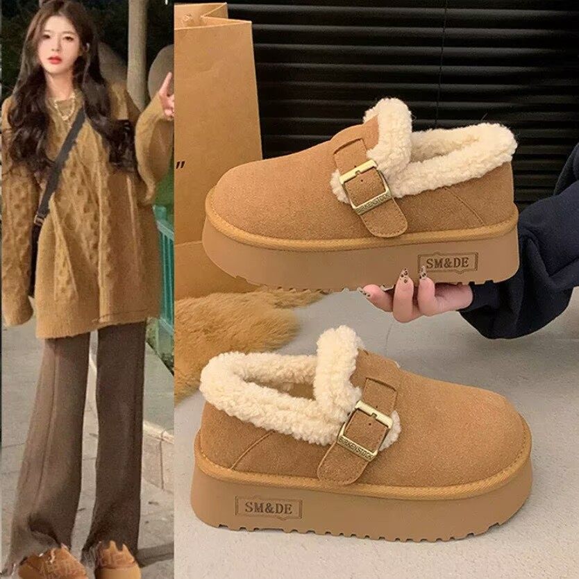 品牌真皮厚底加绒豆豆勃肯棉鞋女冬外穿毛毛面包鞋保暖防滑雪地靴,女鞋,时尚雪地靴,淘宝优惠券,粉丝福利购,淘宝优惠卷